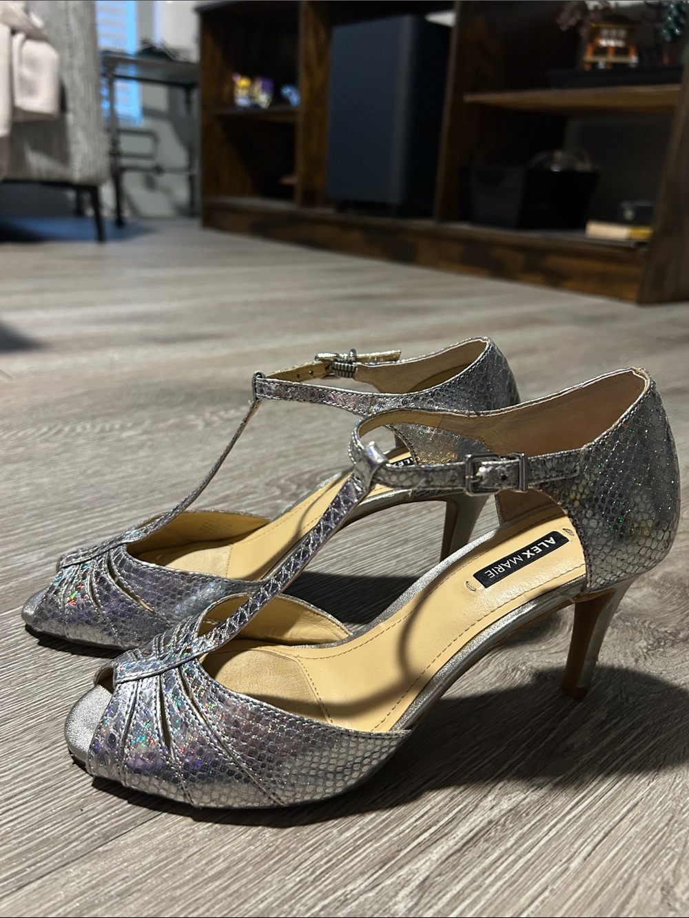 Alex Marie Silver Metallic T-Strap Peep Toe Heels
